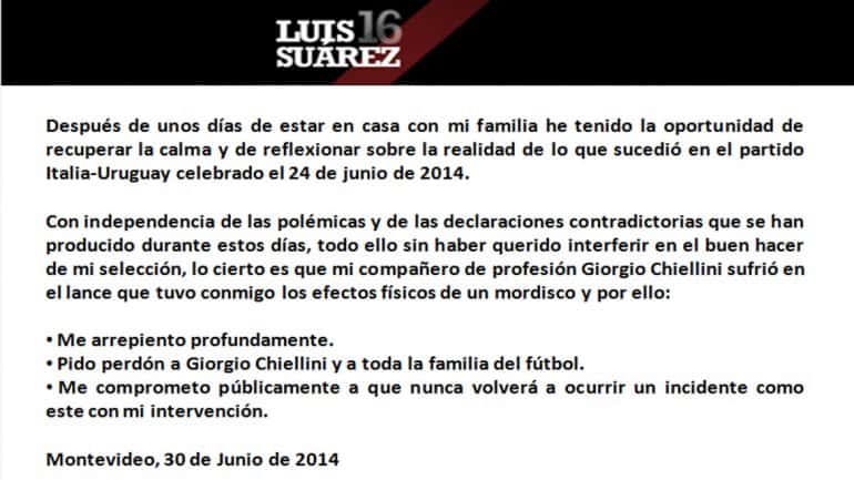 Luis Suárez pidió "perdón a Chiellini y a toda la familia del fútbol"