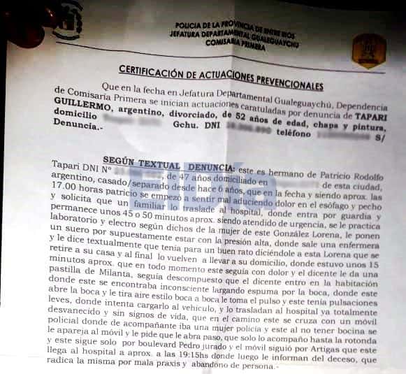 La denuncia realizada por Guillermo Taparí en la Comisaría Primera.