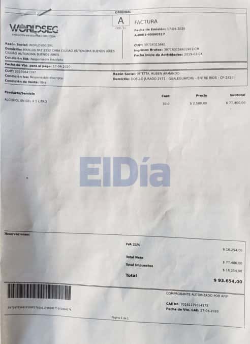 La factura de compra que adjuntó Vitteta en su carta a ElDía.