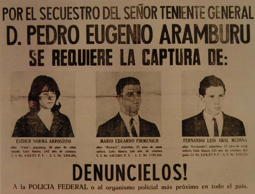 Esther Norma Arrostito, Mario Eduardo Firmenich y Fernando Luis Abal Medina  en el afiche que se hizo público tras el asesinato de Pedro Eugenio Aramburu  