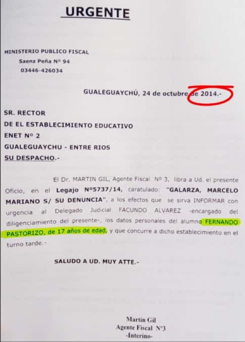 Esta es la circular que el fiscal Martín Gil (el que investigó el supuesto secuestro de Nahir Galarza en 2014) envió a la ENET para citar como testigo (no como implicado) a Pastorizzo.